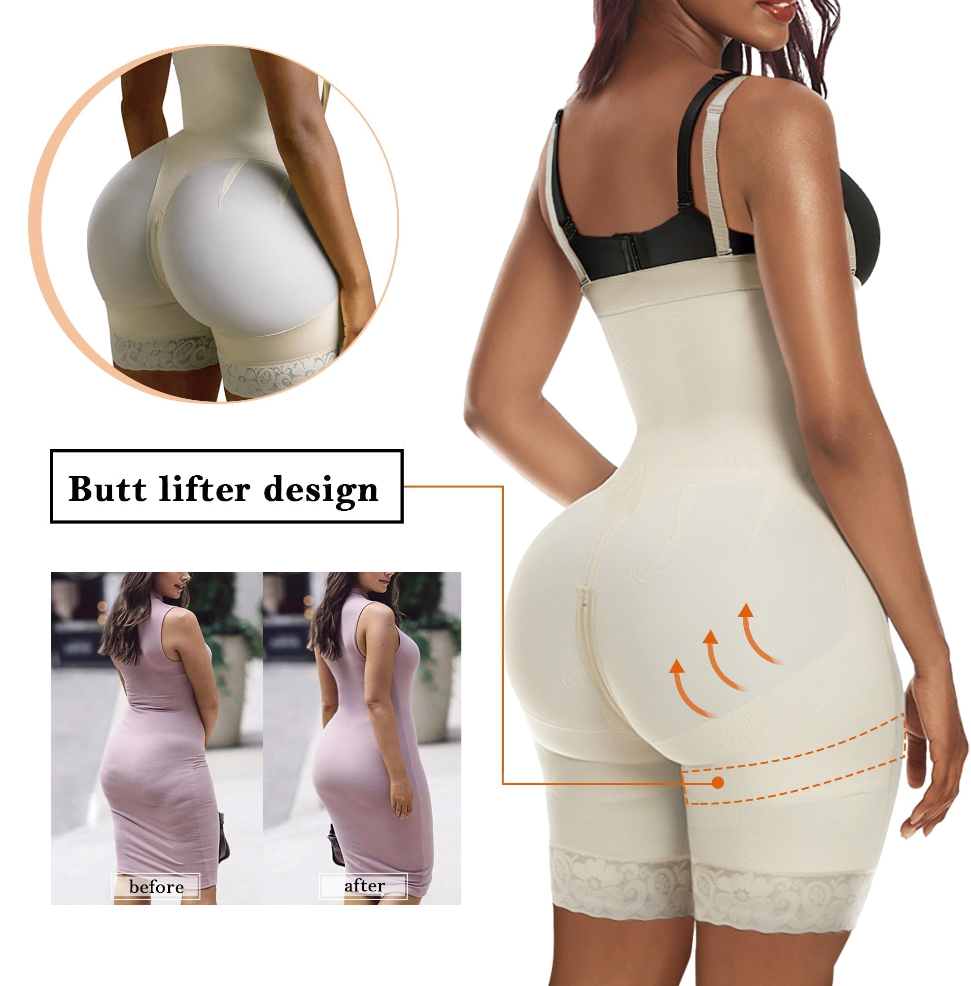 YIANNA Fajas Colombianas Shapewear for Women Tummy Control Body Shaper Butt Lifter Thigh Slimmer with Zipper Crotch